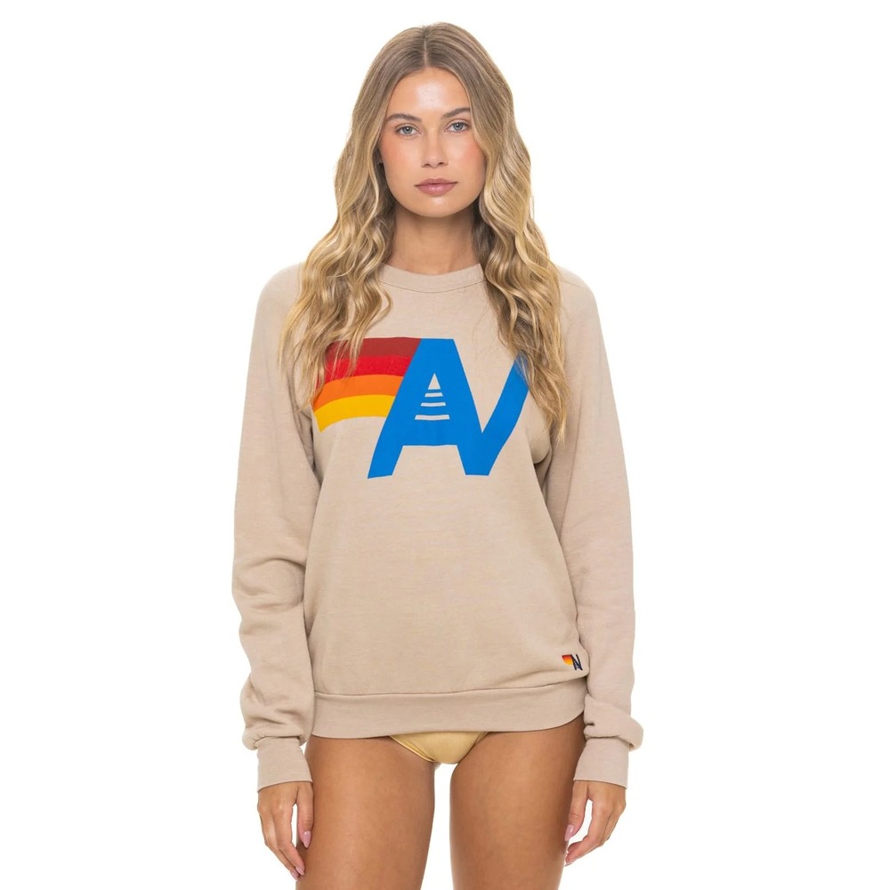 Aviator Nation Tan Rainbow A Logo Sweatshirt Womens Small Raglan Fleece Pullover